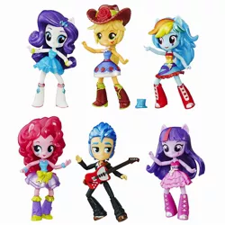 Size: 1500x1500 | Tagged: safe, derpibooru import, applejack, flash sentry, pinkie pie, rainbow dash, rarity, twilight sparkle, equestria girls, clothes, doll, dress, equestria girls minis, female, guitar, hat, male, minis, musical instrument, style, toy