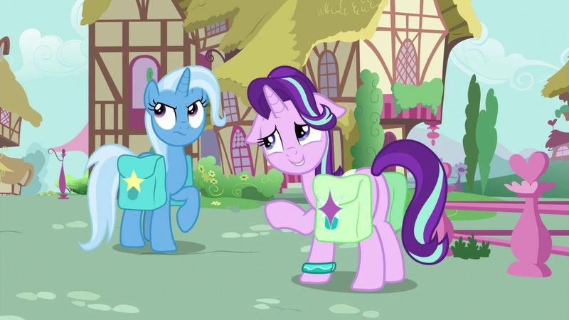 Size: 1920x1080 | Tagged: safe, derpibooru import, screencap, starlight glimmer, trixie, pony, unicorn, student counsel, bag, bracelet, floppy ears, jewelry, saddle bag