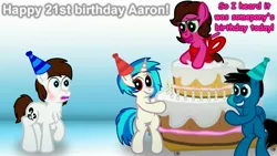 Size: 3840x2160 | Tagged: safe, artist:agkandphotomaker2000, derpibooru import, vinyl scratch, oc, oc:brain teaser, oc:pony video maker, oc:rose bloom, earth pony, pegasus, pony, unicorn, birthday, birthday cake, birthday card, birthday hats, brainbloom, cake, canon x oc, female, food, male, mare inside a cake, oc x oc, shipping, straight, surprise cake, videoscratch