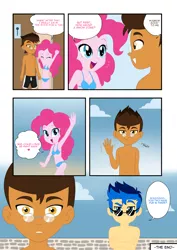 Size: 2480x3507 | Tagged: safe, artist:susuki-san, derpibooru import, flash sentry, pinkie pie, oc, oc:copper plume, comic:the copperpie chronicles, comic:the copperpie chronicles - beach day, equestria girls, aftersex, armpits, beach, bikini, bikini babe, breasts, canon x oc, cleavage, clothes, comic, commission, commissioner:imperfectxiii, copperpie, crossed arms, dialogue, female, freckles, glasses, male, partial nudity, shipping, smug, straight, stretching, sunglasses, swimming trunks, swimsuit, topless, waving, wide eyes