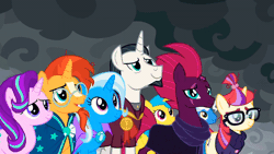 Size: 600x338 | Tagged: safe, derpibooru import, screencap, chancellor neighsay, fizzlepop berrytwist, lemon hearts, moondancer, pokey pierce, starlight glimmer, sunburst, tempest shadow, trixie, pony, unicorn, the ending of the end, animated, broken horn, cute, eye scar, glasses, horn, neighsaybetes, scar, shipping fuel, smiling, when he smiles