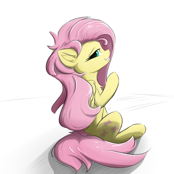 Size: 1024x1024 | Tagged: safe, artist:d.w.h.cn, derpibooru import, fluttershy, pegasus, pony, cute, female, folded wings, looking at you, looking back, looking back at you, mare, raised hoof, shyabetes, simple background, smiling, solo, white background, wings