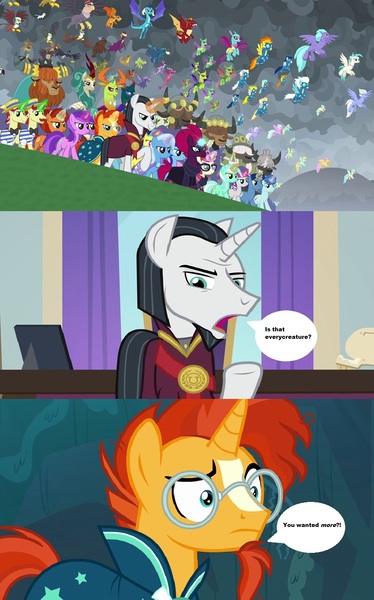 Size: 896x1438 | Tagged: safe, derpibooru import, edit, edited screencap, editor:thomasfan45, screencap, amethyst star, ballista, billy (dragon), chancellor neighsay, clump, firelight, flam, fleetfoot, flim, fume, gabby, garble, gilda, giselle, grampa gruff, greta, irma, lemon hearts, lyra heartstrings, minuette, moondancer, night light, pharynx, prince rutherford, princess ember, prominence, rex (dragon), seaspray, sky beak, soarin', spear (dragon), spiracle, spitfire, stellar flare, sunburst, tempest shadow, terramar, thorax, trixie, twilight velvet, changedling, changeling, classical hippogriff, dragon, gryphon, hippogriff, kirin, pegasus, unicorn, yak, school raze, season 9, the ending of the end, uncommon bond, spoiler:s09, avengers: endgame, cape, changedling brothers, changeling king, clothes, description is relevant, doctor strange, dragon lord ember, eea seal, everycreature, everyone is here, general seaspray, joke, king thorax, prince pharynx, reference, robe, sash, speech bubble, uniform, wonderbolts, wonderbolts uniform, wong