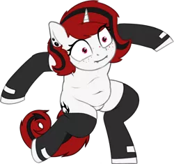 Size: 1776x1666 | Tagged: safe, artist:zippysqrl, derpibooru import, oc, oc:lilith, unofficial characters only, pony, unicorn, belly button, bipedal, chubby, clothes, ear piercing, earring, fangs, freckles, jewelry, krumping, marge krumping, piercing, simple background, socks, stockings, thigh highs, transparent background