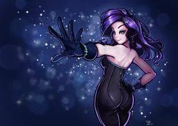 Size: 1697x1200 | Tagged: safe, artist:the-park, derpibooru import, rarity, human, equestria girls, equestria girls series, the other side, ass, bare shoulders, beautiful, beautisexy, bodysuit, bootylicious, butt, catsuit, clothes, female, gloves, headphones, looking at you, looking back, looking back at you, rearity, sexy, simple background, sleeveless, solo, strapless, thick, unitard
