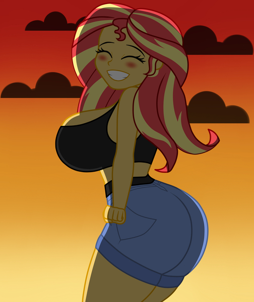 Size: 2100x2500 | Tagged: suggestive, artist:mashoart, derpibooru import, sunset shimmer, equestria girls, ass, belt, big breasts, blushing, breasts, bunset shimmer, busty sunset shimmer, butt, clothes, cloud, curvy, denim shorts, eyes closed, female, grin, hourglass figure, large butt, legs, sexy, shirt, shorts, sleeveless, sleeveless shirt, smiling, solo, solo female, sports bra, stupid sexy sunset shimmer, sunset, the ass was fat