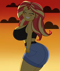 Size: 2100x2500 | Tagged: suggestive, artist:mashoart, derpibooru import, sunset shimmer, equestria girls, ass, belt, big breasts, blushing, breasts, bunset shimmer, busty sunset shimmer, butt, clothes, cloud, curvy, denim shorts, eyes closed, female, grin, hourglass figure, large butt, legs, sexy, shirt, shorts, sleeveless, sleeveless shirt, smiling, solo, solo female, sports bra, stupid sexy sunset shimmer, sunset, the ass was fat