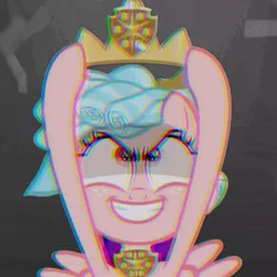 Size: 589x589 | Tagged: safe, derpibooru import, cozy glow, pony, spoiler:s08, chromatic aberration, crown, effect, error, female, filly, glitch, jewelry, regalia, smiling, wings, world