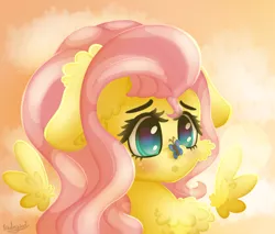 Size: 1200x1024 | Tagged: safe, artist:kindny-chan, derpibooru import, fluttershy, butterfly, pegasus, pony, blushing, bust, butterfly on nose, cheek fluff, chest fluff, ear fluff, female, floating wings, floppy ears, insect on nose, looking at something, mare, open mouth, portrait, solo, stray strand, three quarter view, wings