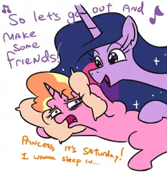Size: 766x792 | Tagged: safe, artist:jargon scott, derpibooru import, luster dawn, princess twilight 2.0, twilight sparkle, twilight sparkle (alicorn), alicorn, pony, unicorn, the last problem, bags under eyes, bed, bed mane, dialogue, duo, female, make some friends, mare, music notes, open mouth, pillow, saturday, singing