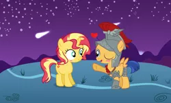 Size: 6400x3840 | Tagged: safe, artist:3d4d, derpibooru import, flash sentry, sunset shimmer, pony, blushing, clothes, colt, cosplay, costume, cute, female, filly, flashimmer, male, shipping, straight, younger