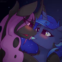 Size: 1400x1400 | Tagged: suggestive, artist:shadowreindeer, derpibooru import, princess luna, changeling queen oc, oc, oc:miasma, alicorn, changeling, changeling queen, pony, changeling oc, commission, eye clipping through hair, female, kissing, lesbian, mare, purple changeling