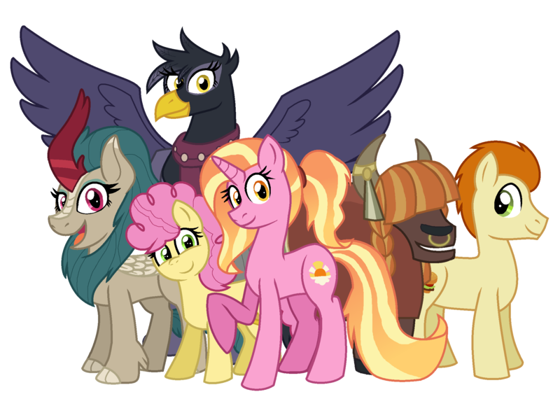 Size: 2176x1578 | Tagged: safe, artist:alexeigribanov, derpibooru import, gallop j. fry, georgia (character), li'l cheese, luster dawn, river song (character), yelena, earth pony, gryphon, kirin, pony, unicorn, yak, the last problem, colt, female, filly, future six, male, mare, older gallop j. fry, simple background, stallion, transparent background