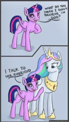 Size: 720x1280 | Tagged: safe, artist:kozachokzrotom, derpibooru import, princess celestia, twilight sparkle, twilight sparkle (alicorn), alicorn, pony, celestia is not amused, megadeth, peacesells, unamused