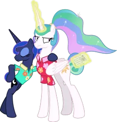 Size: 3000x3137 | Tagged: safe, artist:sollace, derpibooru import, princess celestia, princess luna, alicorn, pony, between dark and dawn, .svg available, alternate hairstyle, barehoof, bipedal, celestia is not amused, clothes, duo, eyeroll, eyes closed, eyeshadow, female, folded wings, glowing horn, hair bun, hawaiian shirt, hoof on hip, horn, leaning, letter, levitation, magic, makeup, mare, ponytail, royal sisters, shirt, siblings, simple background, sisters, tail bun, telekinesis, transparent background, unamused, unimpressed, vector, wings