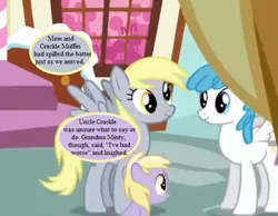 Size: 542x420 | Tagged: safe, derpibooru import, edit, edited screencap, screencap, apple cobbler, derpy hooves, dinky hooves, lightning bolt, white lightning, pony, the one where pinkie pie knows, apple family member, cropped, dialogue, implied crackle pop, implied minty, oh minty minty minty, speech bubble, sugarcube corner