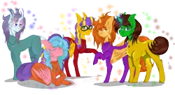 Size: 3924x2141 | Tagged: safe, artist:grimmjawls, derpibooru import, oc, oc:aspen, oc:bella pinksavage, oc:fluffybriefs, oc:ryan, oc:sunrise glisten, alicorn, pegasus, pony, unicorn, alicorn oc, bodysuit, brother and sister, catsuit, eyes closed, family, female, group, horn, image, jewelry, latex, latex suit, magic, male, necklace, peace, peace suit, peace symbol, pegasus oc, png, rubber suit, siblings, smiling, the peace family, transgender, unicorn oc, wings