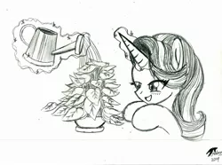 Size: 2221x1655 | Tagged: safe, artist:brekrofmadness, derpibooru import, phyllis, starlight glimmer, pony, unicorn, a horse shoe-in, magic, monochrome, philodendron, plant, sketch, traditional art, watering can