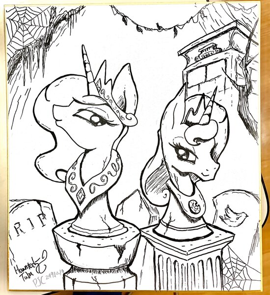 Size: 1878x2048 | Tagged: safe, artist:psaxophone, derpibooru import, princess celestia, princess luna, pony, bust, crown, gravestone, jewelry, monochrome, peytral, regalia, spider web, statue, tombstones