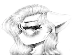 Size: 2500x1891 | Tagged: safe, artist:dino_horse, deleted from derpibooru, derpibooru import, fluttershy, pegasus, pony, blushing, bust, chest fluff, crying, female, floppy ears, lidded eyes, looking away, looking sideways, mare, monochrome, portrait, sad, solo, stray strand, teary eyes