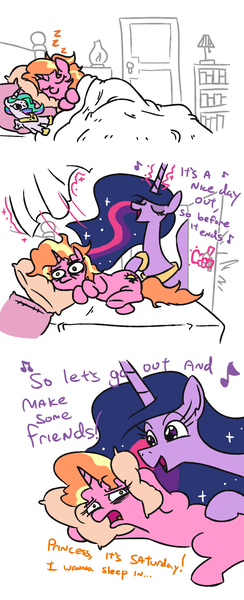 Size: 827x2033 | Tagged: safe, artist:jargon scott, derpibooru import, luster dawn, princess twilight 2.0, twilight sparkle, twilight sparkle (alicorn), alicorn, pony, unicorn, the last problem, bed, comic, duo, female, make some friends, mare, plushie, saturday, singing