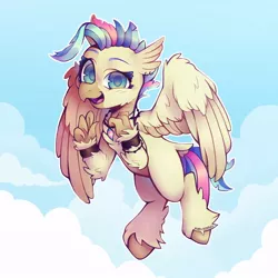 Size: 894x894 | Tagged: alternate hair color, artist:occultusion, bracelet, classical hippogriff, cute, derpibooru import, dyed mane, ear piercing, earring, female, flying, hippogriff, jewelry, lgbt headcanon, necklace, older, older terramar, open mouth, piercing, pride, pride flag, raised eyebrow, safe, solo, terramar, transgender, transgender pride flag, trans girl, wristband