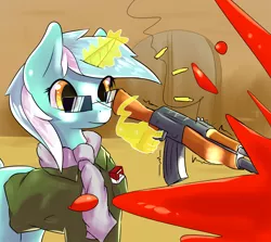 Size: 1648x1469 | Tagged: semi-grimdark, artist:fluor1te, derpibooru import, lyra heartstrings, pony, unicorn, ak-47, akm, assault rifle, blood, blood splatter, cigarette, counter-strike, dust, female, flip top box, gun, hand, leet krew, magic, magic hands, mare, murder, muzzle flash, offscreen character, rifle, shell casing, shirt pocket, shooting, solo, sunglasses, terrorist, weapon