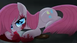 Size: 1920x1080 | Tagged: semi-grimdark, artist:prince-lionel, deleted from derpibooru, derpibooru import, pinkie pie, pony, blood, female, grimcute, knife, laying on stomach, licking, movie accurate, pinkamena diane pie, solo, tongue out