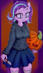 Size: 1401x2366 | Tagged: safe, artist:mistleinn, derpibooru import, starlight glimmer, anthro, unicorn, box cutter, breasts, clothes, costume, female, halloween, holiday, hoodie, jack-o-lantern, mare, nevada-tan, pleated skirt, pumpkin, skirt, socks, thigh highs, zettai ryouiki