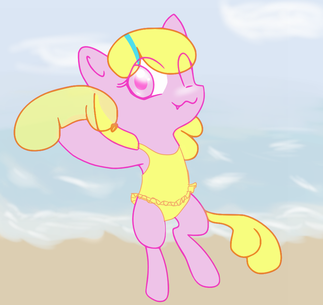 Size: 949x894 | Tagged: safe, artist:retl, derpibooru import, oc, oc:puppysmiles, unofficial characters only, pony, clothes, cute, cute little fangs, fangs, female, filly, frilled swimsuit, one eye closed, one-piece swimsuit, pink eyes, solo, swimsuit, two toned mane, water balloon