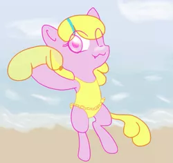 Size: 949x894 | Tagged: safe, artist:retl, derpibooru import, oc, oc:puppysmiles, unofficial characters only, pony, clothes, cute, cute little fangs, fangs, female, filly, frilled swimsuit, one eye closed, one-piece swimsuit, pink eyes, solo, swimsuit, two toned mane, water balloon