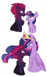 Size: 2342x3813 | Tagged: safe, artist:chub-wub, derpibooru import, princess twilight 2.0, tempest shadow, twilight sparkle, twilight sparkle (alicorn), alicorn, pony, unicorn, the last problem, :t, broken horn, clothes, digital art, eye contact, eye scar, female, height difference, horn, lesbian, looking at each other, older, older tempest shadow, older twilight, scar, scarf, scrunchy face, sexual tension, ship it like fedex, shipping, simple background, size difference, smiling, tempestlight, then and now, white background