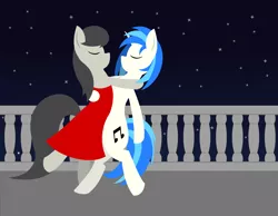 Size: 3000x2322 | Tagged: safe, alternate version, artist:alltimemine, derpibooru import, octavia melody, vinyl scratch, earth pony, pony, unicorn, bipedal, clothes, dancing, dress, eyes closed, female, hooves, horn, lesbian, lineless, mare, night, night sky, scratchtavia, shipping, sky, stars, tango