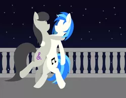 Size: 3000x2322 | Tagged: safe, alternate version, artist:alltimemine, derpibooru import, octavia melody, vinyl scratch, earth pony, pony, unicorn, bipedal, dancing, female, hooves, horn, lesbian, lineless, mare, night, night sky, scratchtavia, shipping, sky, stars, tango