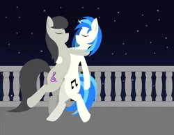 Size: 3000x2322 | Tagged: safe, alternate version, artist:alltimemine, derpibooru import, octavia melody, vinyl scratch, earth pony, pony, unicorn, bipedal, dancing, eyes closed, female, hooves, horn, lesbian, lineless, mare, night, night sky, scratchtavia, shipping, sky, stars, tango