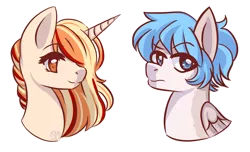 Size: 1684x1027 | Tagged: safe, artist:sinamuna, derpibooru import, oc, oc:sweet scent, unofficial characters only, pegasus, pony, unicorn, art trade, blonde hair, blue eyes, blue hair, bust, female, frown, horn, male, mare, orange eyes, orange hair, pair, ponytail, red hair, simple background, smiling, stallion, transparent background, wings