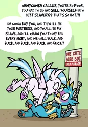 Size: 1000x1436 | Tagged: suggestive, artist:toonbat, derpibooru import, gallus, silverstream, classical hippogriff, gryphon, hippogriff, and then sex happened, auction, blushing, bondage, boop, butt, chains, collar, cute, dialogue, diastreamies, excited, eye contact, female, femdom, flying, gallabetes, gallstream, happy, imminent sex, looking at each other, male, malesub, mistress, no pupils, noseboop, not sure if want, on back, open mouth, paw pads, paws, plot, shipping, silverstream is a total perv, slave, slave auction, slavery, smiling, speech bubble, straight, streambutt, submissive, subtle as a train wreck, sweat, sweatdrop, tail, tail pull, this will end in snu snu, underhoof, underpaw, vulgar, wide eyes