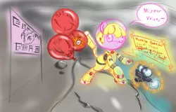 Size: 879x561 | Tagged: safe, artist:retl, derpibooru import, pinkie pie, oc, oc:puppysmiles, unofficial characters only, pony, fallout equestria, fallout equestria: pink eyes, balloon, billboard, bomb, environmental suit, fanfic art, gun, speech bubble, weapon