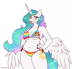 Size: 3928x3784 | Tagged: suggestive, artist:helemaranth, derpibooru import, princess celestia, alicorn, anthro, :p, armpits, belly, belly button, bikini, breasts, busty princess celestia, clothes, female, image, mare, mlem, png, praise the sun, rainbow dash bikini, rcf community, silly, simple background, solo, stupid sexy celestia, swimsuit, tongue out, white background