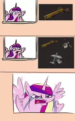 Size: 774x1253 | Tagged: safe, artist:jargon scott, derpibooru import, edit, princess cadance, alicorn, pony, australium, comic, crafting, frontier justice, pure unfiltered evil, team fortress 2, wrangler (team fortress 2)