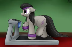 Size: 2347x1530 | Tagged: safe, artist:the-furry-railfan, derpibooru import, octavia melody, earth pony, pony, earbuds, exercise, female, floppy ears, mare, open mouth, pudgy, raised hoof, solo, sweatband, treadmill, walkman