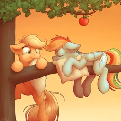 Size: 4000x4000 | Tagged: safe, artist:ohemo, derpibooru import, applejack, rainbow dash, earth pony, pegasus, pony, absurd resolution, apple, cute, cutie mark, duo, duo female, eye clipping through hair, eyes closed, female, floppy ears, folded wings, food, freckles, hnnng, mare, mouth hold, nap, pillow, smiling, tree, tree branch, wings