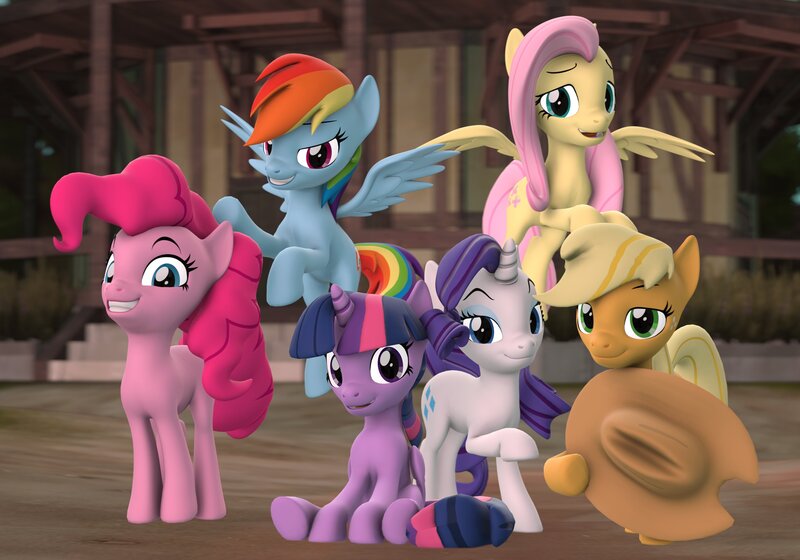 Size: 3088x2160 | Tagged: safe, artist:ludwigspectre, derpibooru import, applejack, fluttershy, pinkie pie, rainbow dash, rarity, twilight sparkle, twilight sparkle (alicorn), alicorn, pegasus, pony, unicorn, 3d, applejack's hat, cowboy hat, female, floating, flying, group, group shot, hat, high res, horn, looking at you, mane six, mare, open mouth, raised hoof, revamped ponies, sitting, smiling, source filmmaker, wings