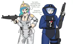Size: 1750x1050 | Tagged: safe, artist:mkogwheel, derpibooru import, princess celestia, princess luna, human, armor, bomb suit, breasts, cleavage, clothes, crown, dialogue, duo, fantasy class, female, fingerless gloves, gloves, gun, helmet, humanized, jewelry, kevlar, looking at each other, mossberg 590, mp5, open mouth, regalia, reloading, shotgun, shotgun shell, soldier, submachinegun, warrior, warrior celestia, warrior luna, weapon