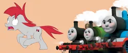 Size: 1726x720 | Tagged: safe, derpibooru import, train tracks (character), pony, colt, james the red engine, male, percy the small engine, this will end in steam, thomas the tank engine