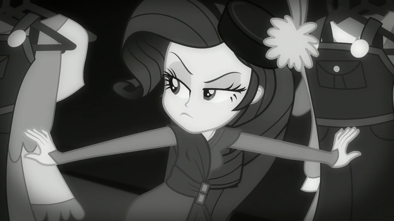 Size: 1920x1080 | Tagged: safe, derpibooru import, screencap, rarity, equestria girls, equestria girls series, rarity investigates: the case of the bedazzled boot, black and white, clothes, detective rarity, female, grayscale, hat, monochrome, noir, pillbox hat, raised eyebrow, rarity investigates (eqg): applejack, solo