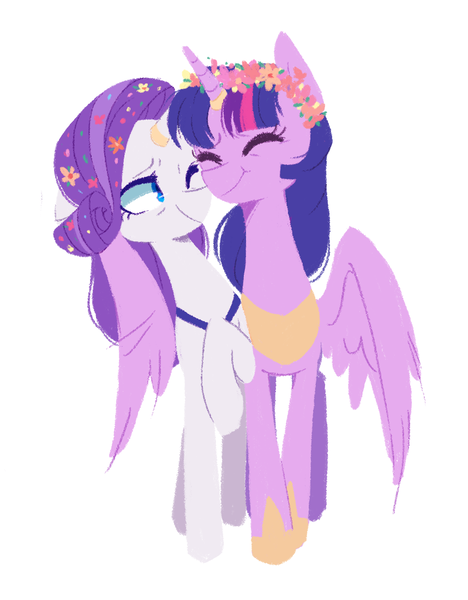 Size: 858x1099 | Tagged: safe, artist:j_kei, derpibooru import, rarity, twilight sparkle, twilight sparkle (alicorn), alicorn, pony, unicorn, female, flower, flower in hair, horn, horn ring, hug, jewelry, lesbian, marriage, rarilight, ring, shipping, simple background, wedding, wedding ring, white background, winghug