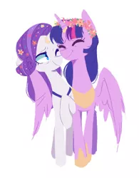 Size: 858x1099 | Tagged: safe, artist:j_kei, derpibooru import, rarity, twilight sparkle, twilight sparkle (alicorn), alicorn, pony, unicorn, female, flower, flower in hair, horn, horn ring, hug, jewelry, lesbian, marriage, rarilight, ring, shipping, simple background, wedding, wedding ring, white background, winghug