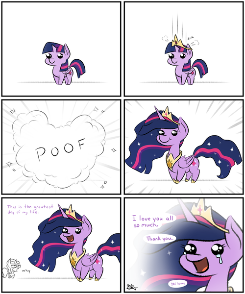 Size: 1600x1920 | Tagged: safe, artist:glimglam, derpibooru import, princess twilight 2.0, starlight glimmer, twilight sparkle, twilight sparkle (alicorn), alicorn, pony, unicorn, the last problem, age progression, beady eyes, comic, crown, crying, cute, dialogue, happy birthday mlp:fim, jewelry, mlp fim's ninth anniversary, older, older twilight, regalia, smiling, twiabetes, yes homo