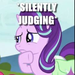 Size: 309x308 | Tagged: caption, cropped, derpibooru import, edit, edited screencap, hoof on chin, image macro, rock solid friendship, safe, screencap, solo, starlight glimmer, text